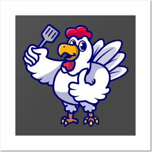 Cute Chicken Chef Holding Spatula Cartoon Posters and Art